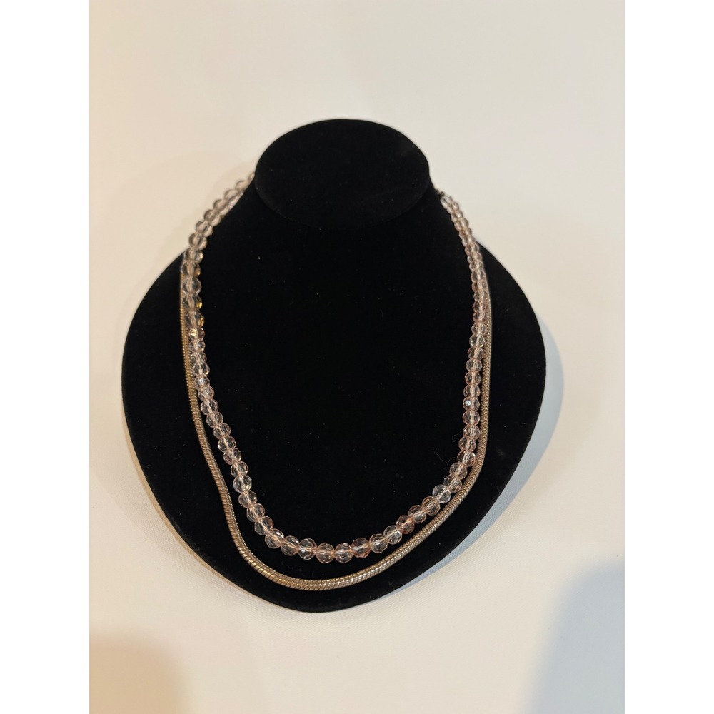 Pink Beaded Silver Tone Layered Snake Chain Necklace 2 Strand Inch  Blush long